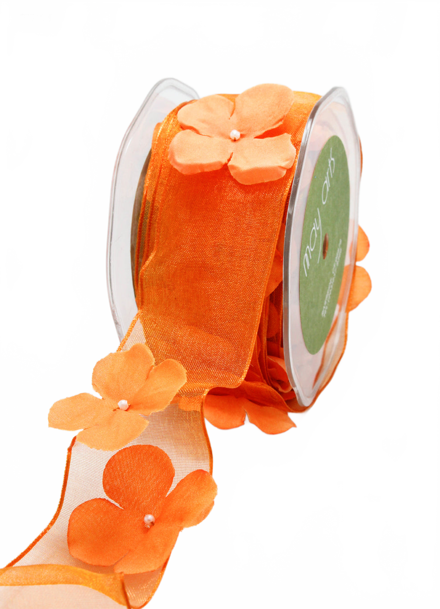 1.5 Inch Flower With Pearl Orange Ribbon Garland