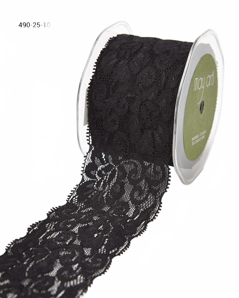 2.5 Inch Floral Elastic Lace Trim Black Ribbon With Scalloped Eyelash Edge