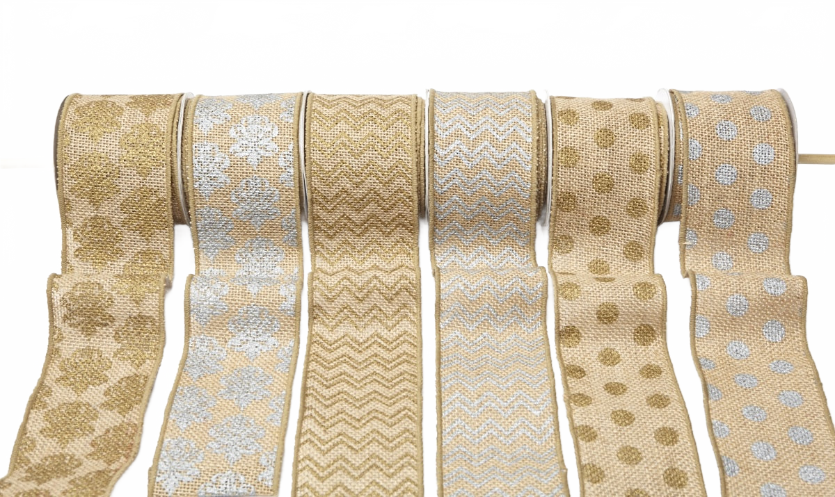 3 Inch 100% Jute Burlap With Metallic Print Ribbon With Wired Edge