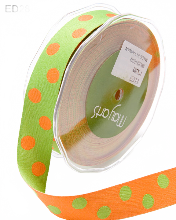1.5 Inch Two-Color Reversible Dots Orange/Parrot Green Ribbon With Woven Edge