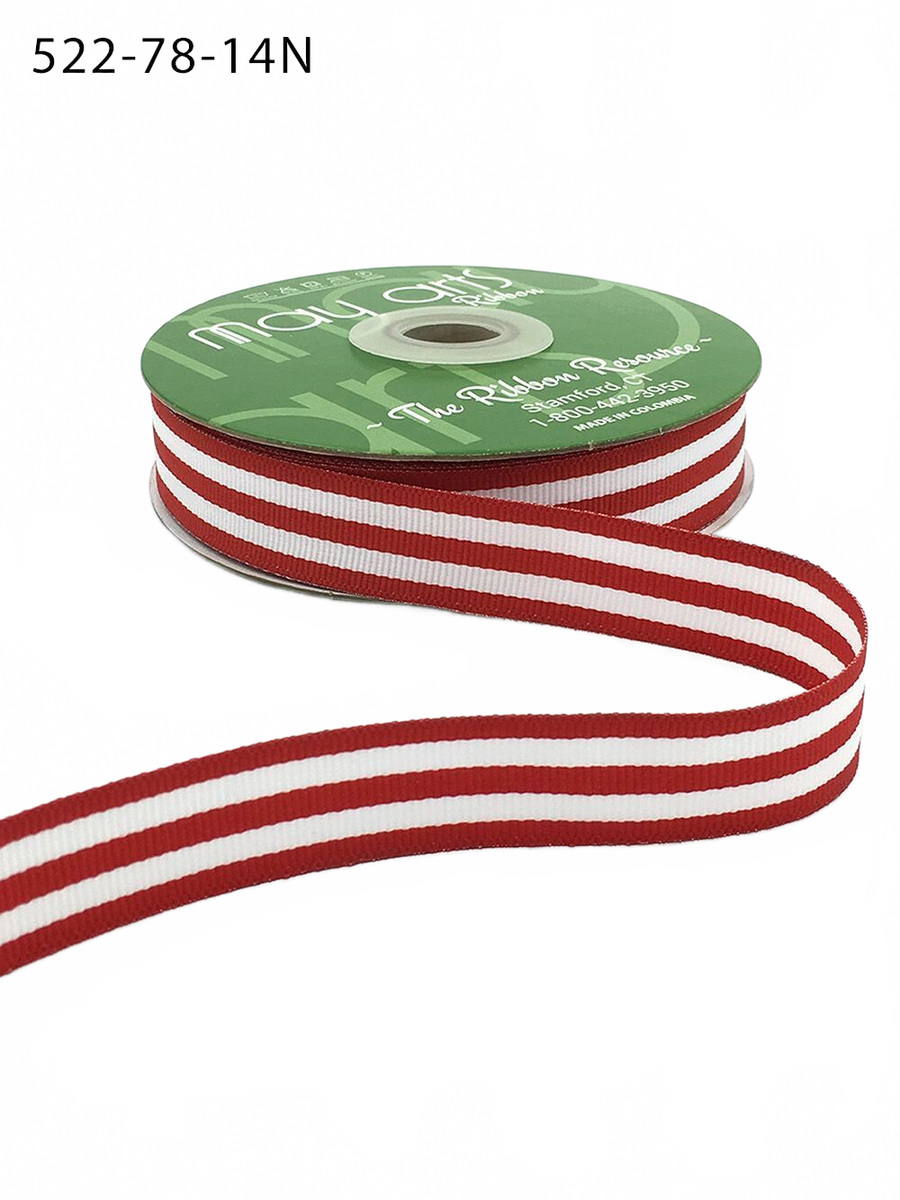 7/8 Inch Red/White Grosgrain Horizontal Stripes Ribbon With Woven Edge