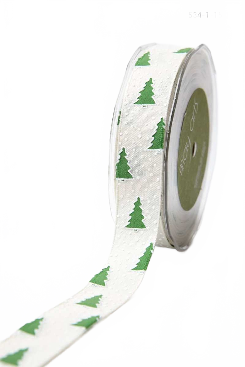 1 Inch Ivory/Green (Tree) Cotton Holiday Print Ribbon With Woven Edge