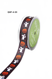 3/4 Inch Black Pumpkin/Ghost Grosgrain Halloween Pumpkin Ghost Print Ribbon With Woven Edge