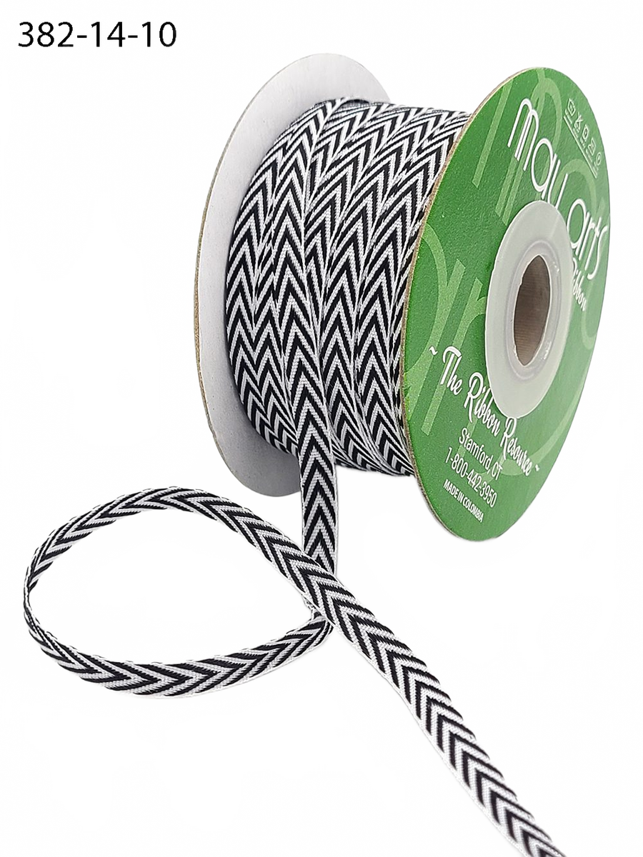 1/4 Inch Black Twill Chevron Stripe Ribbon With Woven Edge
