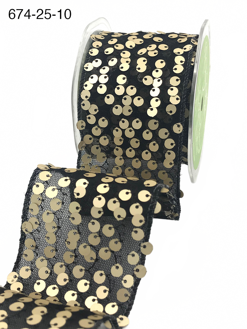 2.5 Inch Sequin Tulle Black/Gold Ribbon With Wired Edge