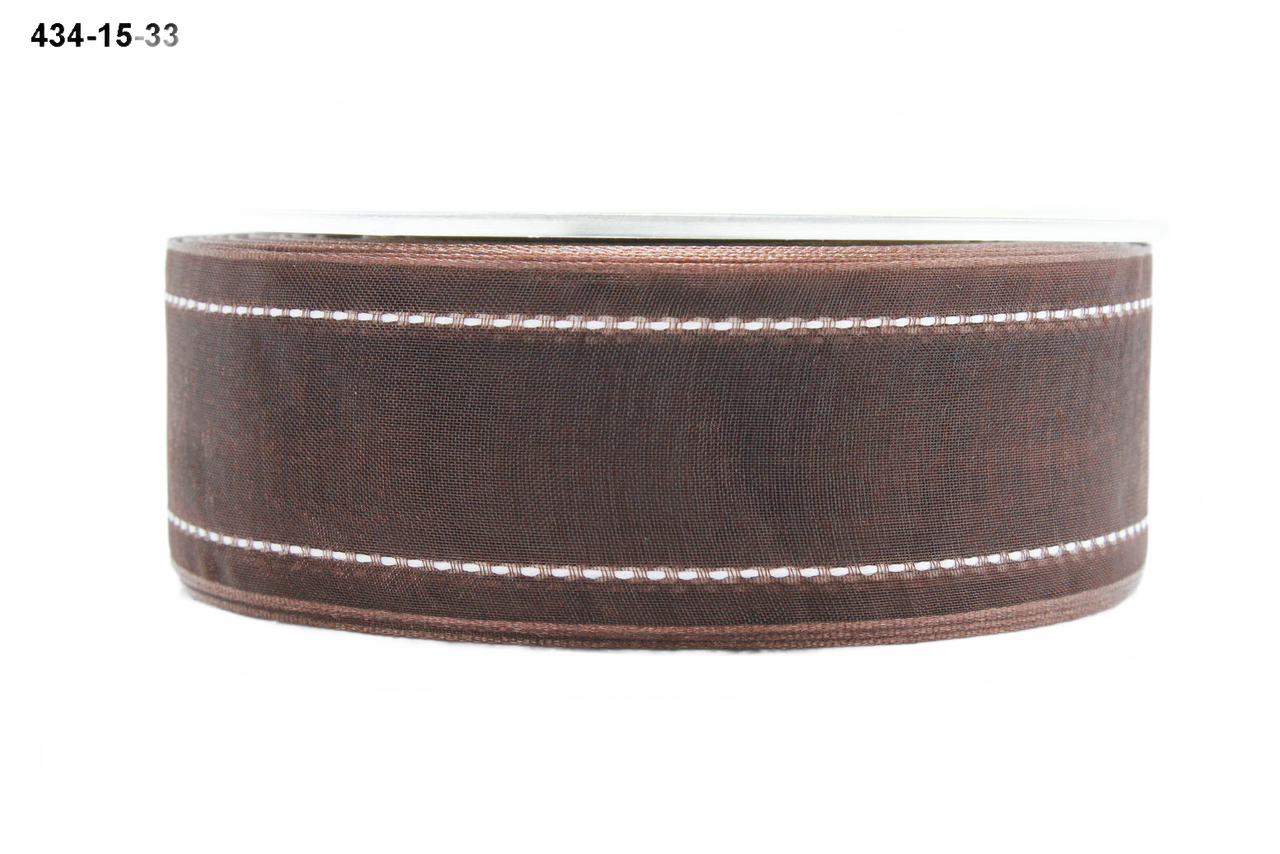 1.5 Inch Brown Sheer Ribbon With Woven White Stitched Edge