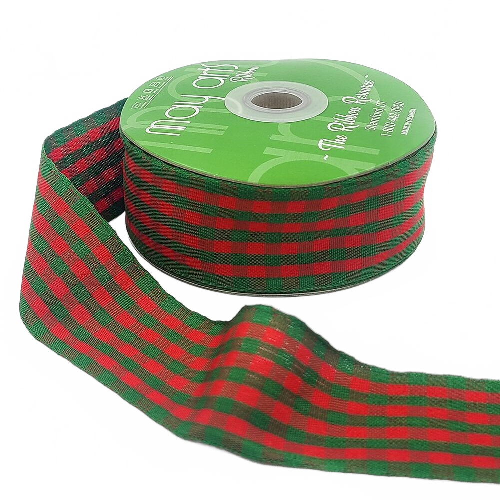 1.5 Inch Checkered Gingham Red/Green Ribbon With Woven Edge