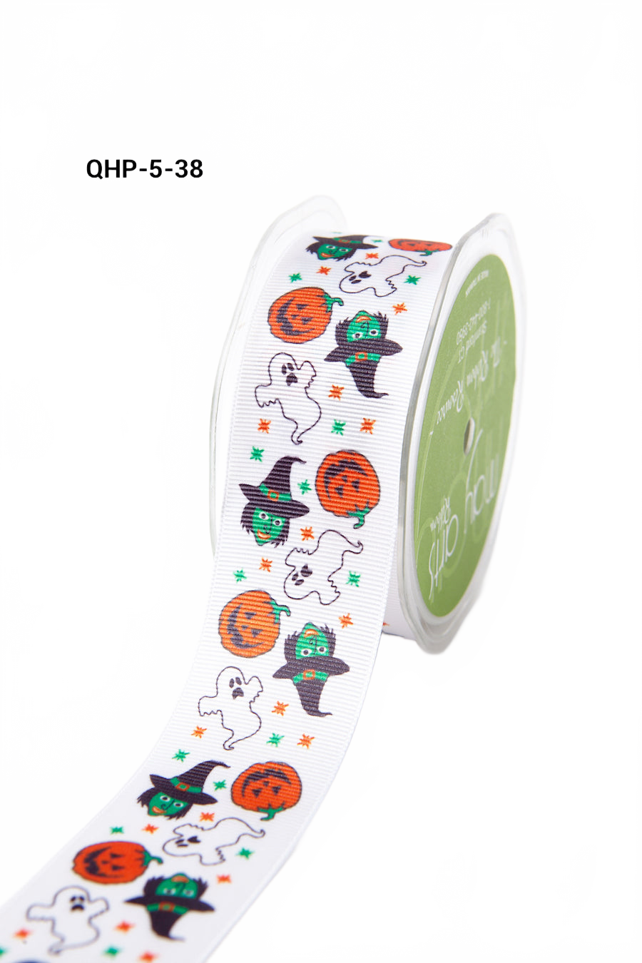 1.5 Inch White Pumpkin/Ghost/Witch Grosgrain Halloween Pumpkin Ghost Witch Print Ribbon With Woven Edge