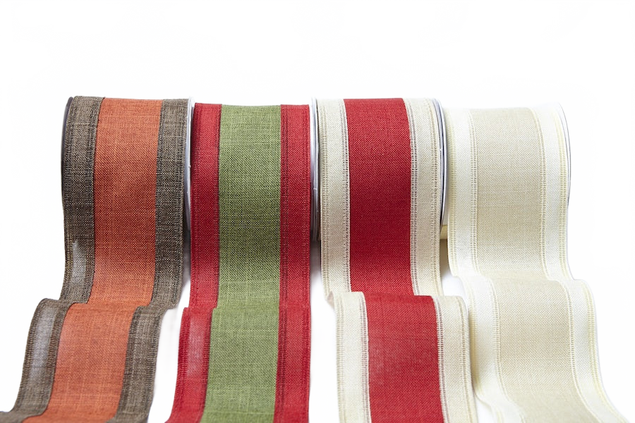 2.5 Inch Faux Linen Center Stripe Ribbon With Woven Edge