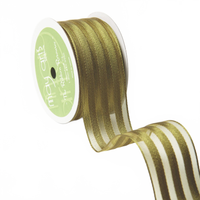 1.5 Inch Olive Sheer With Woven Stripes Ribbon With Wired Edge