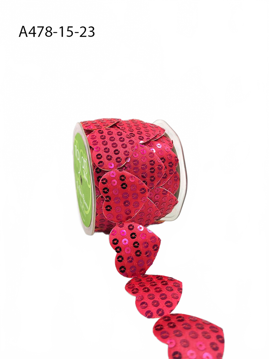 1.5 Inch Adhesive Puffy Sequin Heart Hot Pink Ribbon With Sealed Cut Edge