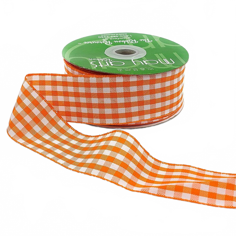 1.5 Inch Checkered Gingham Orange Ribbon With Woven Edge