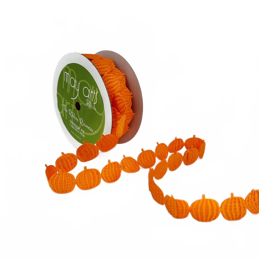 3/4 Inch Original Orange Pumpkins Satin Cut Out Banner Ribbon With Cut Sealed Edge