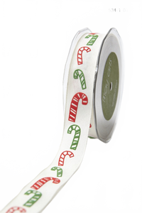 1 Inch Ivory/Red/Green (Candy Cane) Cotton Holiday Print Ribbon With Woven Edge