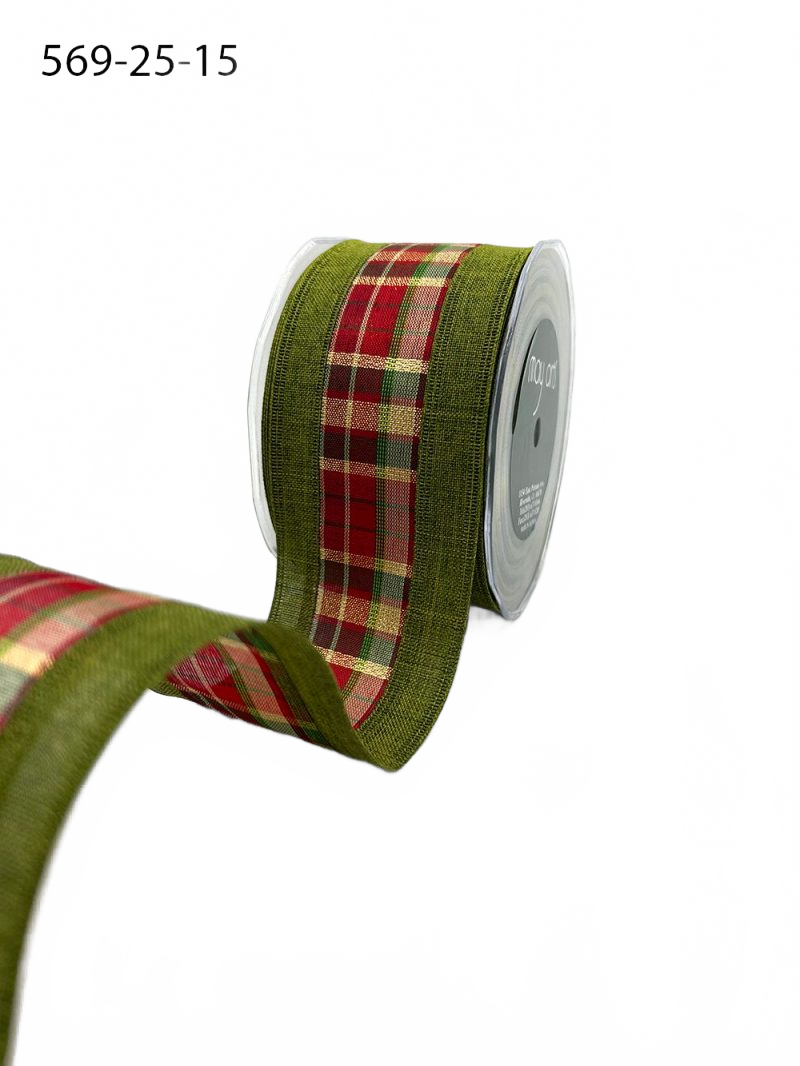 2.5 Inch Green Metallic Tartan Plaid Center Ribbon With Wired Woven Edge