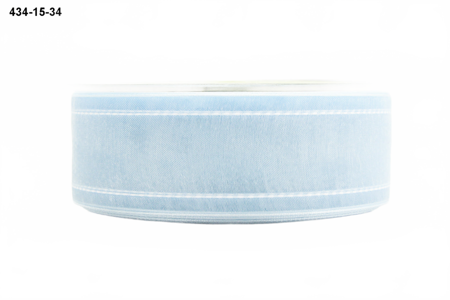1.5 Inch Light Blue Sheer Ribbon With Woven White Stitched Edge