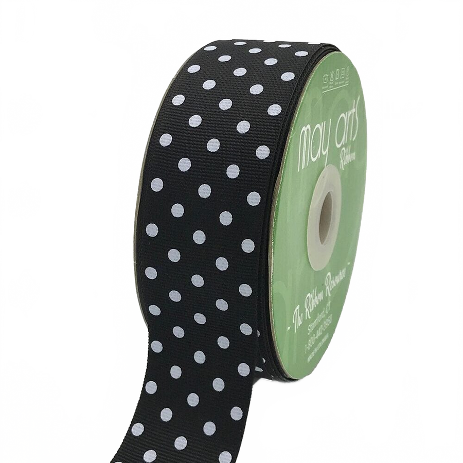 1.5 Inch Black/White Dots Grosgrain Printed Dots Ribbon With Woven Edge