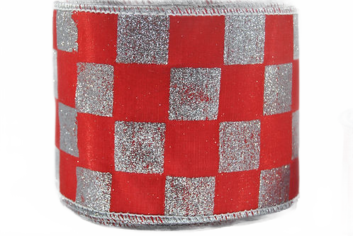 Ribbon Lus Glit Checks 4X10 Rd/Si
