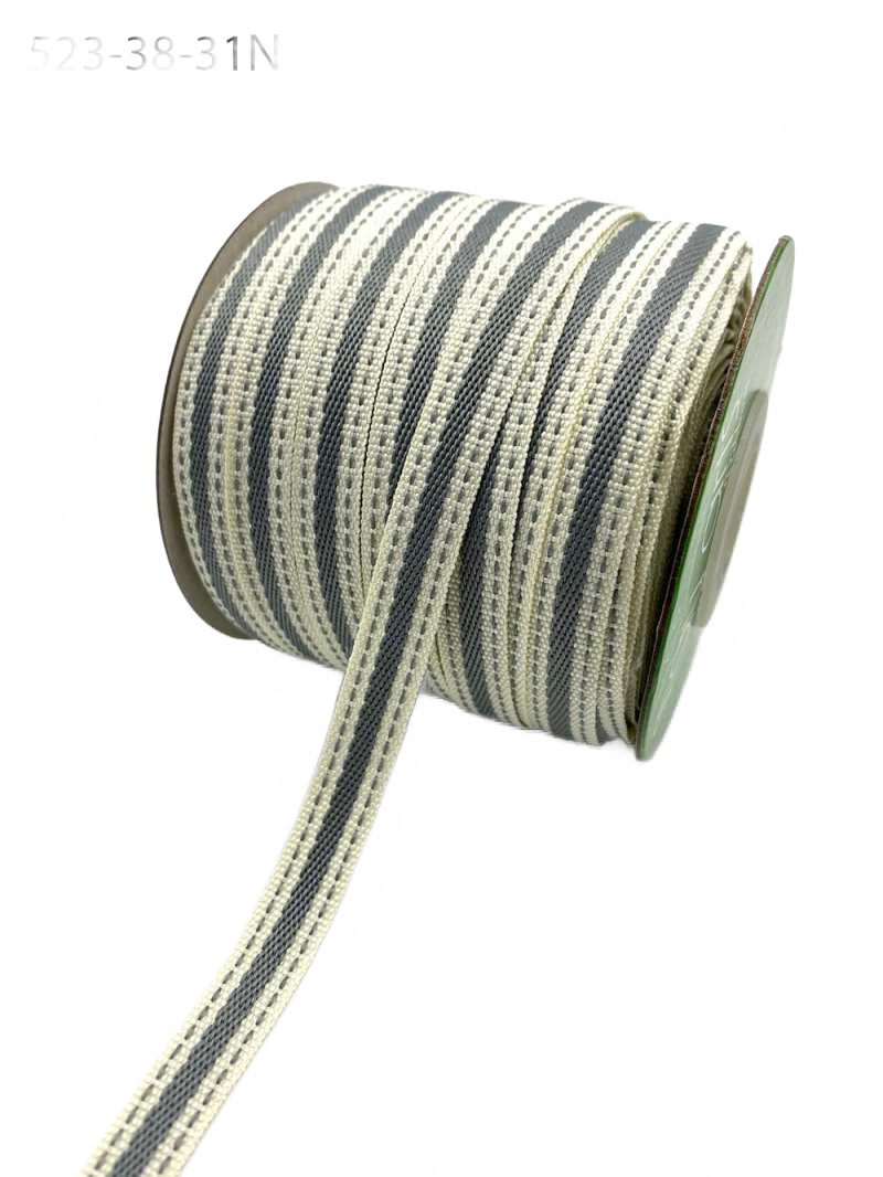 3/8 Inch Solid Color Band Ivory/Pewter Ribbon With Natural Woven Stitched Edge