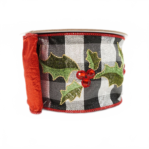 Ribbon Metallic Holly Checks 4" Black And Red