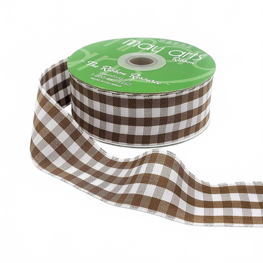 1.5 Inch Checkered Gingham Gingerbread Ribbon With Woven Edge