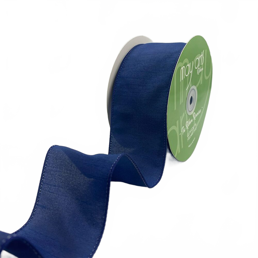 2.5″ Navy Dupioni Ribbon With Wired Edge