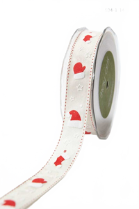 1 Inch Ivory/Red (Stocking) Cotton Holiday Print Ribbon With Woven Edge