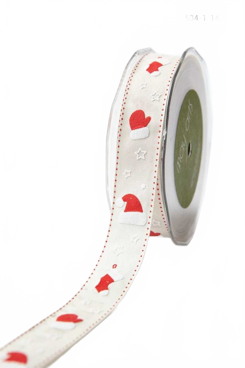 1 Inch Ivory/Red (Stocking) Cotton Holiday Print Ribbon With Woven Edge