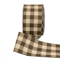 2.5 Inch Woven Check Olive Green/Natural Ribbon With Wired Edge
