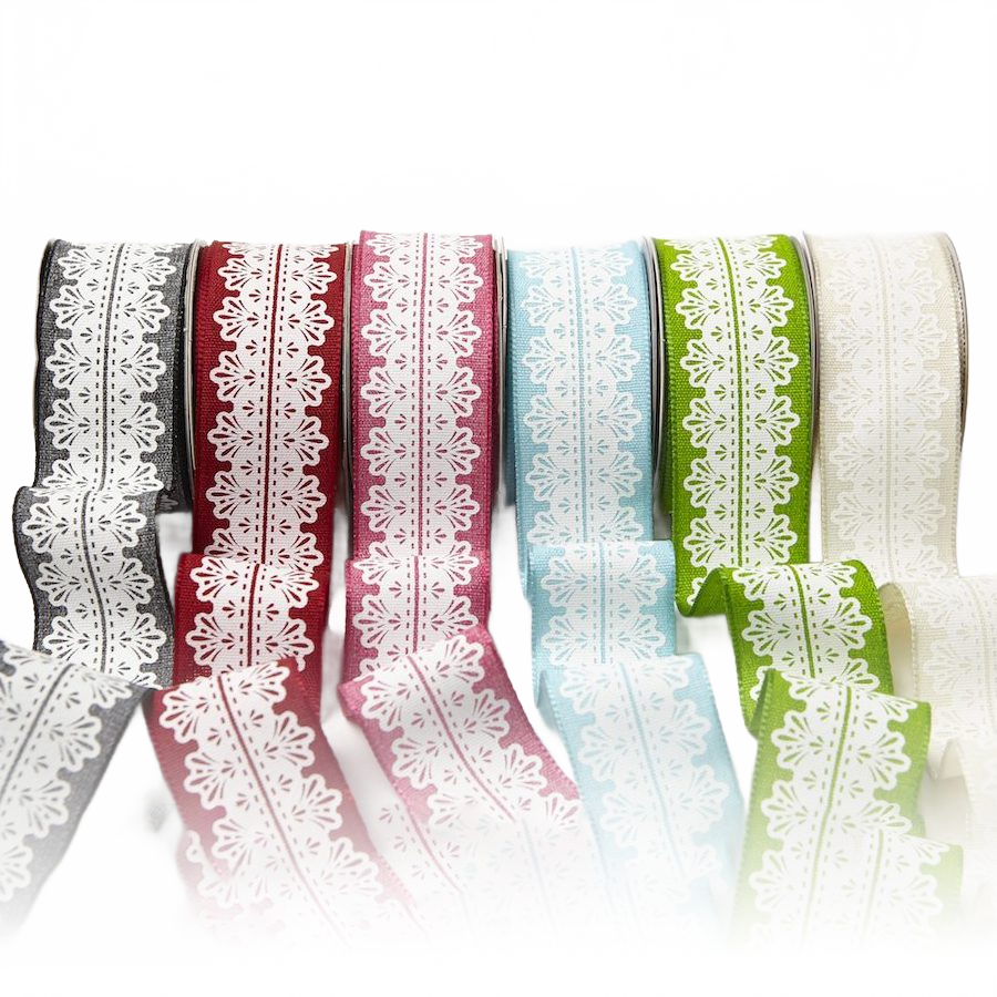1.5 Inch White Lace Print Ribbon With Wired Edge