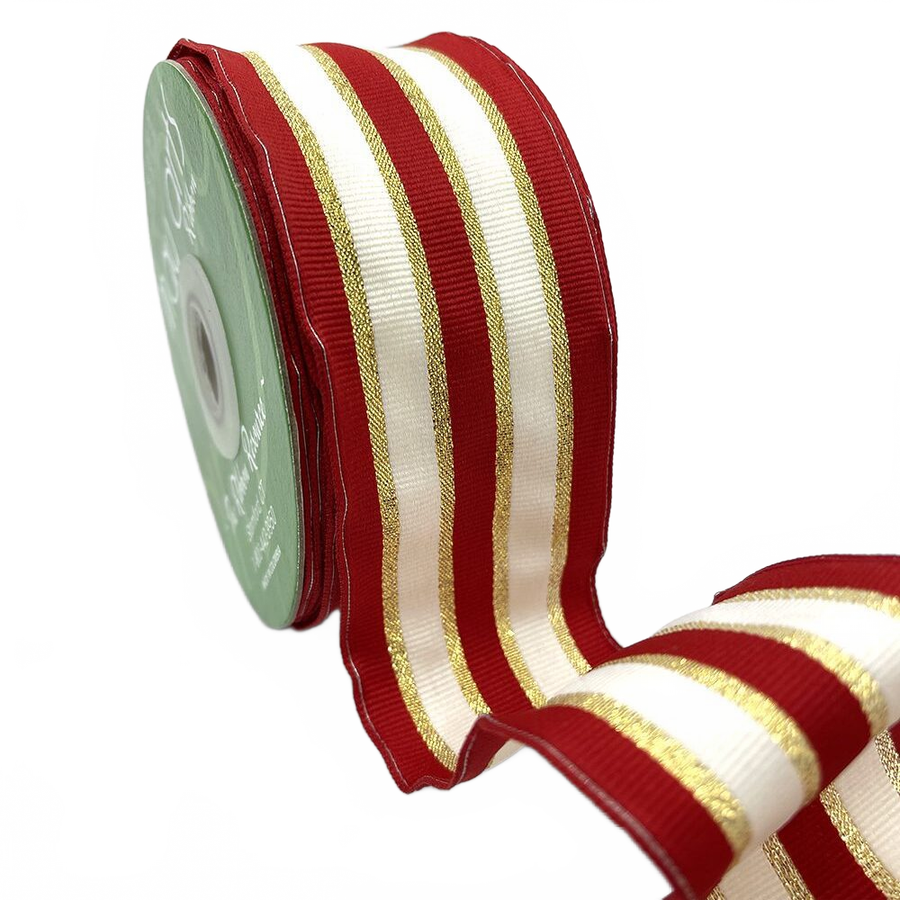 ~2 Inch (50Mm) Woven Red/Ivory/Gold Metallic Gold Stripe Wired Ribbon