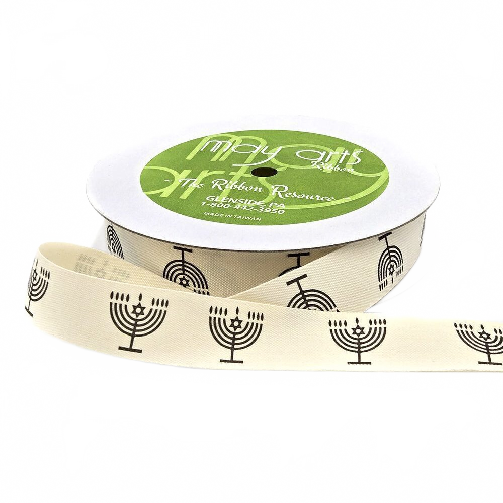 3/4 Inch Ivory Menorah/Star Of David Canvas Printed Ribbon With Woven Edge