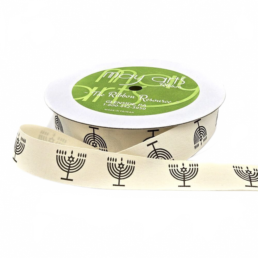 3/4 Inch Ivory Menorah/Star Of David Canvas Printed Ribbon With Woven Edge