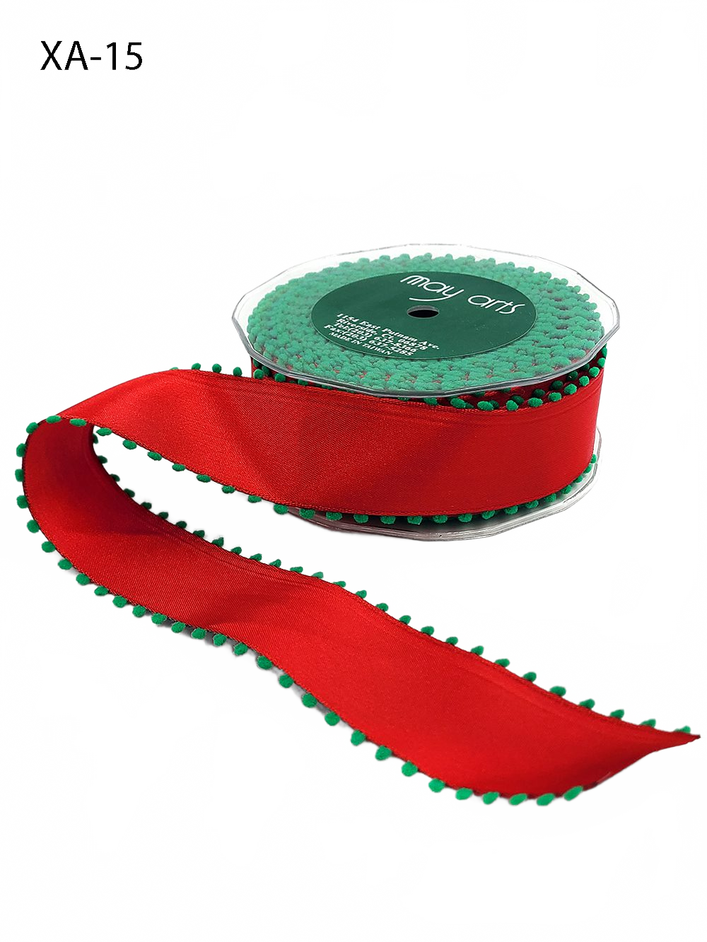 1.5 Inch Red/Green Taffeta Ribbon With Pom Pom Wired Edge