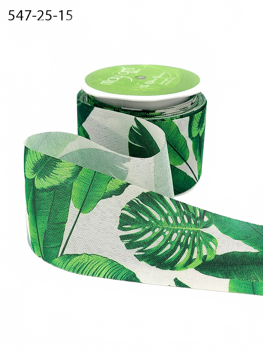 2.5 Inch Tropical Leaves Print Ribbon With Wired Edge