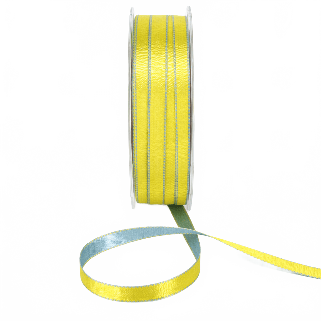 3/8 Inch Two-Color Reversible Light Blue/Parrot Green Satin With Woven Stitched Edge