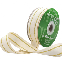 ~1 1/8 Inch White Canvas With Woven Gold Lines Metallic Center Lines Ribbon