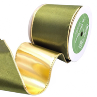 3 Inch Satin Olive/Gold Metallic Reversible Ribbon With Wired Woven Edge