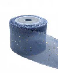 1.25 Inch Mini Metallic Dot Blue Grey/Gold Silk Georgette Ribbon