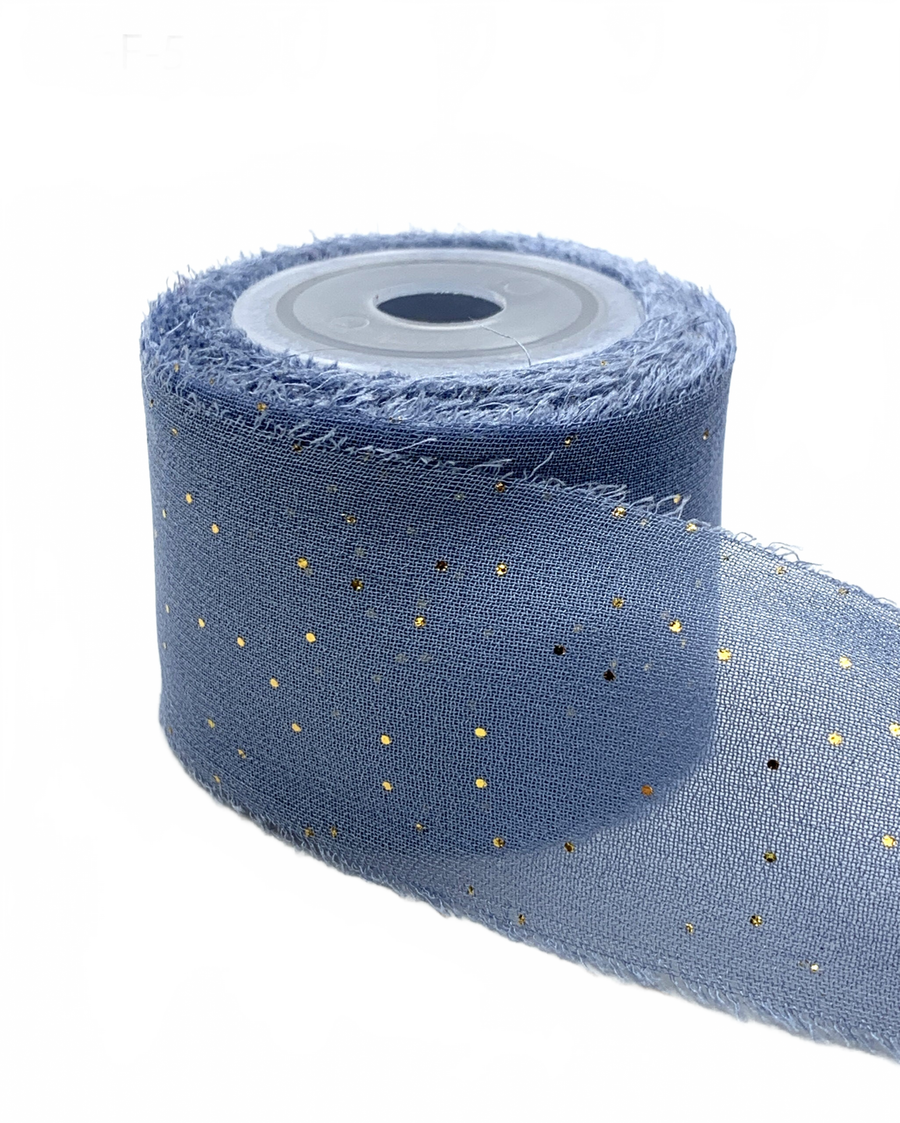 1.25 Inch Mini Metallic Dot Blue Grey/Gold Silk Georgette Ribbon