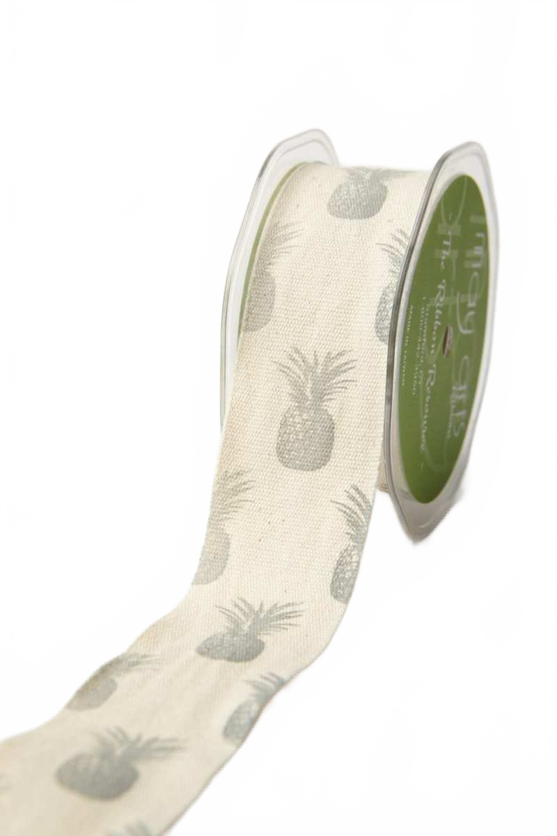 1.5 Inch Grey Pineapples Cotton Pineapple Print Ribbon With Woven Edge