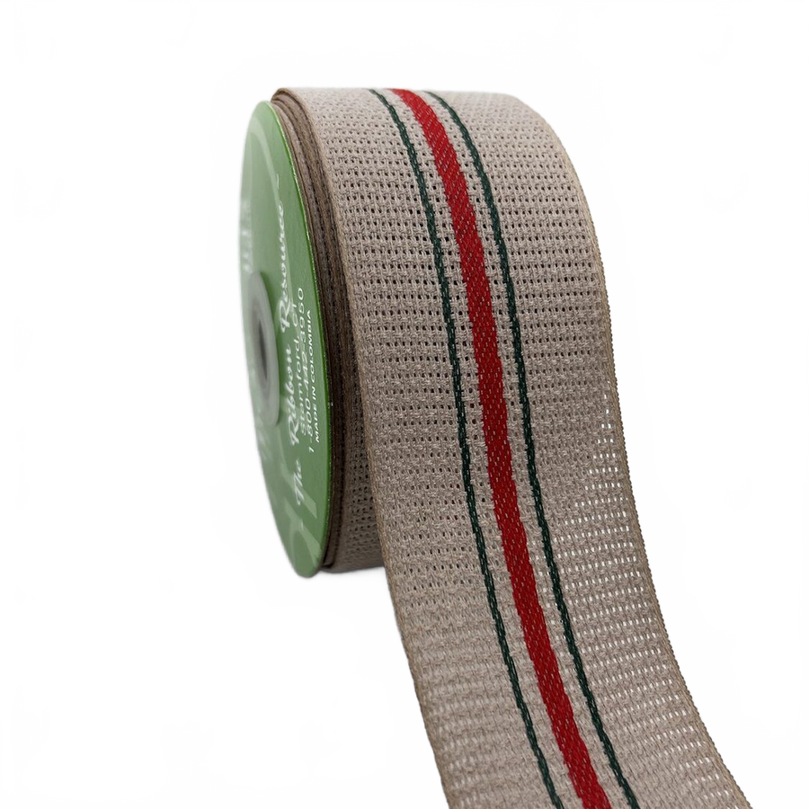 2 Inch Open Weave Vintage Center Stripe Woven Edge Natural/Red/Green Ribbon