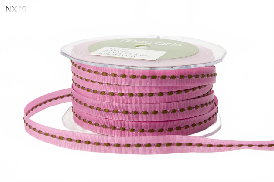 3/8 Inch Solid Stitched Center Mauve/Olive Stitch Ribbon