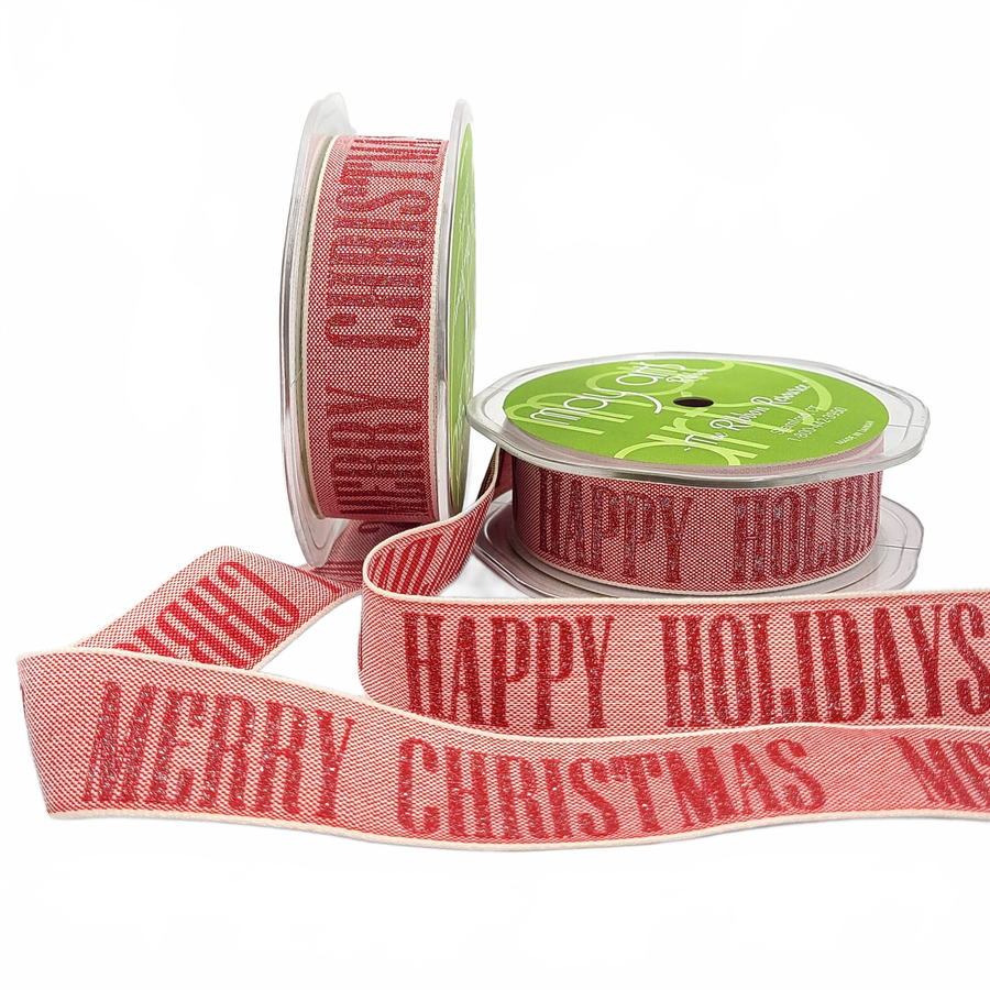 Sparkle Holiday Print Ribbon With Natural Woven Edge