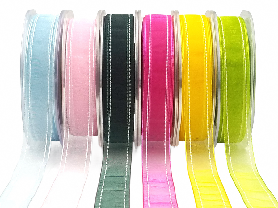 7/8 Inch Forest Green Sheer Ribbon With Woven White Stitched Edge