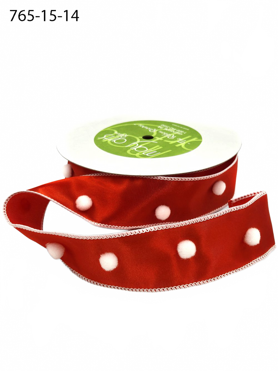 1.5 Inch Christmas Red/White Satin Pom Pom Center Ribbon With Wired Edge