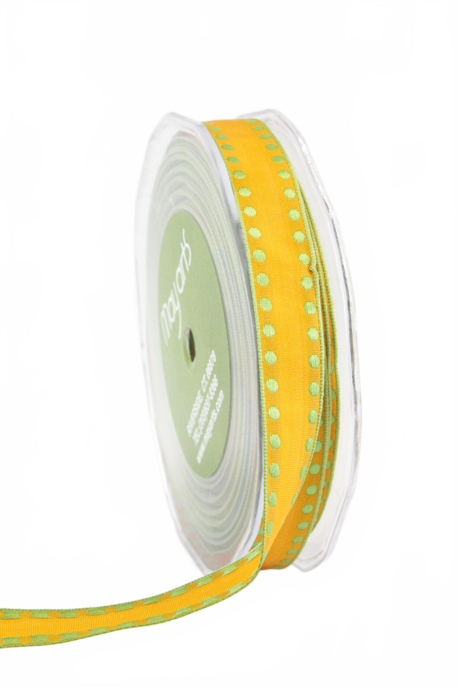 5/8 Inch Woven Solid Dot Edge (Wired) Orange/Green Dots Ribbon