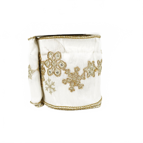 Ribbon Ivory Gold Mettallic Embroidery Dupion 4"
