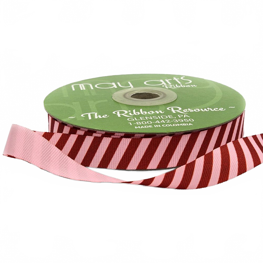 5/8 Inch Modern Diagonal Striped Light Pink/Red Grosgrain Ribbon With Woven Edge