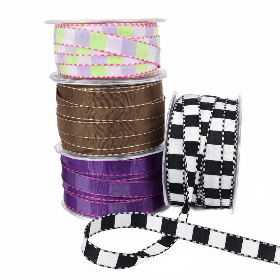1/2 Inch Multi-Color Checkered Ribbon With Woven Stitched Edge